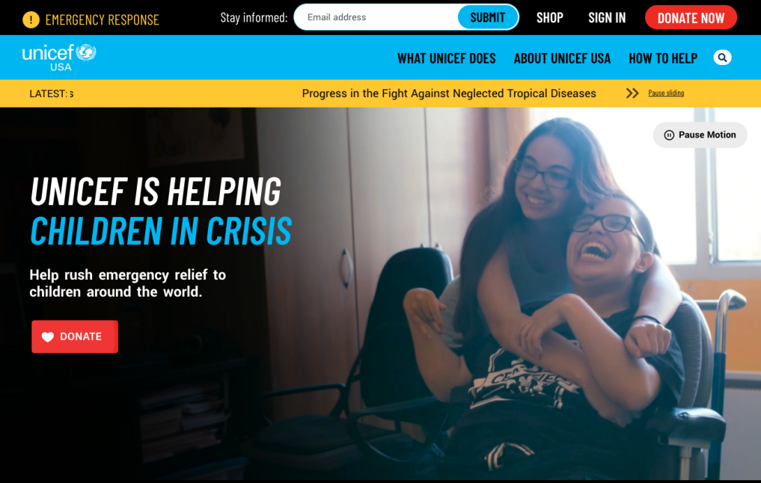 Unicef site homepage hero